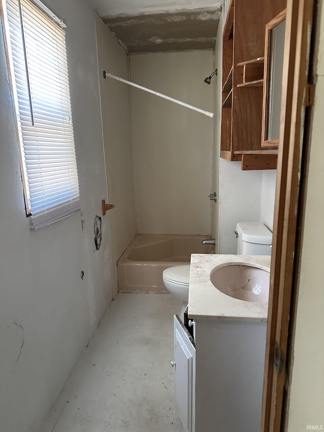 bathroom featuring toilet, washtub / shower combination, vanity, and concrete flooring