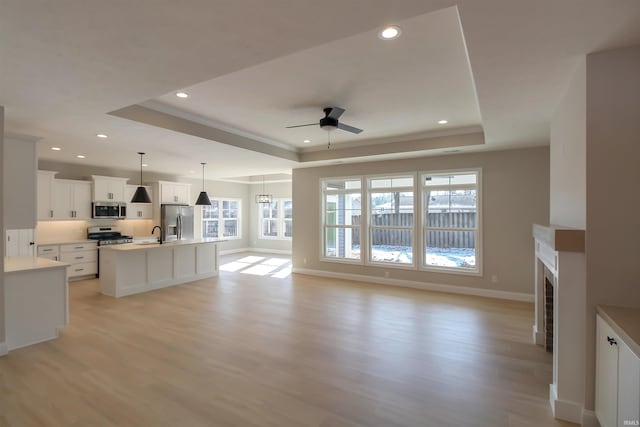 unfurnished living room featuring a raised ceiling, plenty of natural light, and light hardwood / wood-style floors