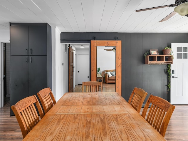 dining room with a ceiling fan and wood finished floors