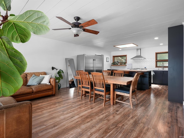 dining room featuring recessed lighting, ceiling fan, and dark wood-style flooring