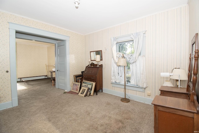 interior space with light colored carpet, crown molding, baseboards, and wallpapered walls