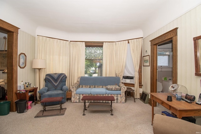 sitting room featuring light carpet