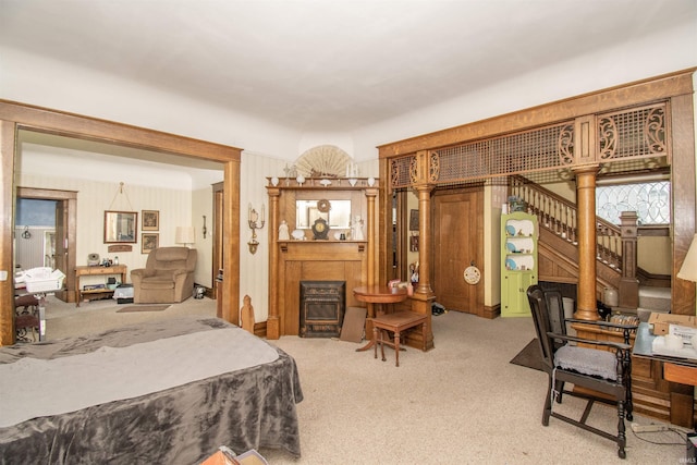 bedroom with light colored carpet