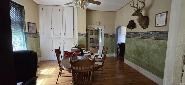 dining area with ceiling fan and wood-type flooring