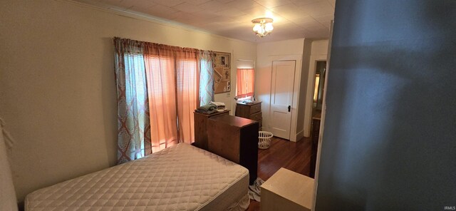 bedroom with dark hardwood / wood-style floors and ornamental molding