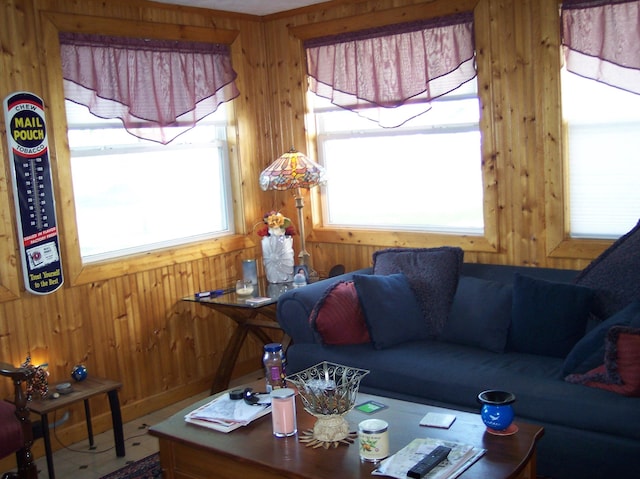 living room featuring wood walls