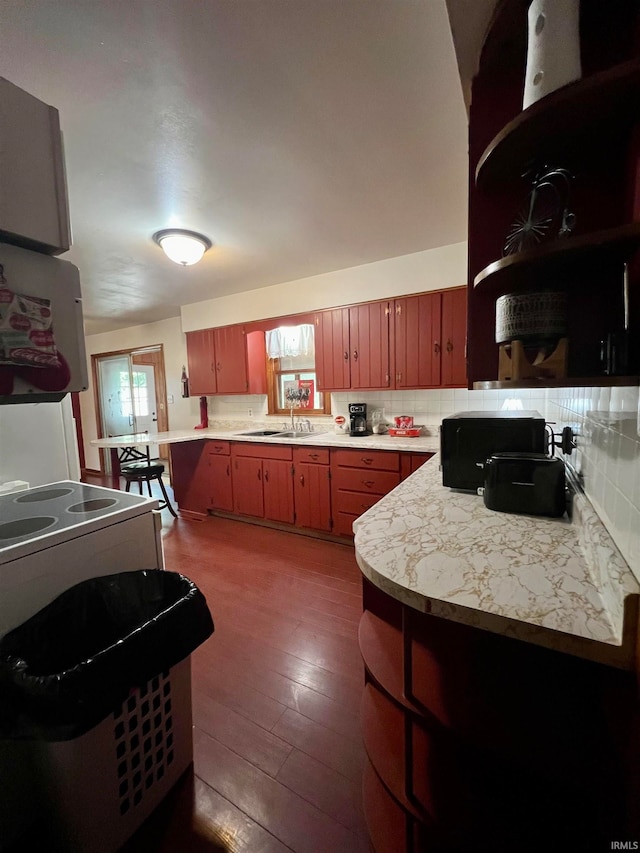 kitchen with dark hardwood / wood-style flooring, decorative backsplash, and sink