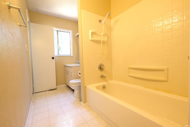 full bathroom with toilet, tiled shower / bath combo, tile patterned flooring, and vanity