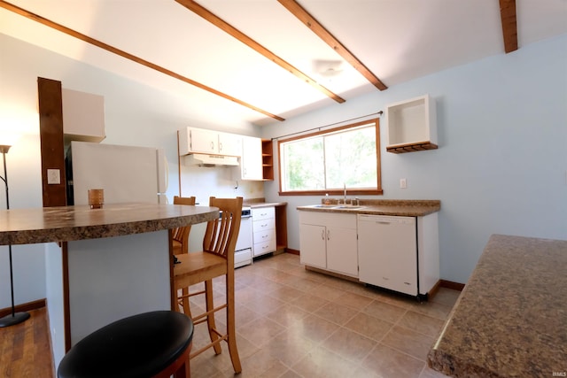 kitchen featuring sink, white cabinetry, white appliances, and light tile patterned floors