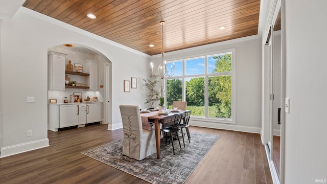 dining area featuring wooden ceiling, crown molding, and dark hardwood / wood-style flooring