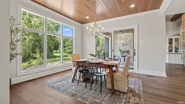 dining space featuring wooden ceiling, dark wood-type flooring, and plenty of natural light