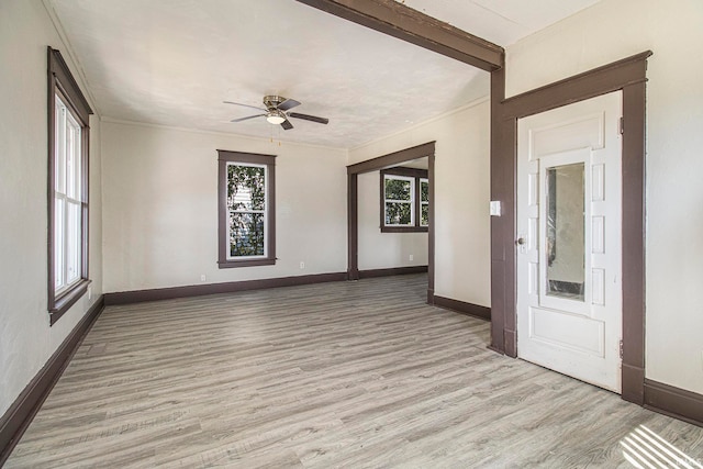 spare room with ceiling fan, a wealth of natural light, and light hardwood / wood-style flooring