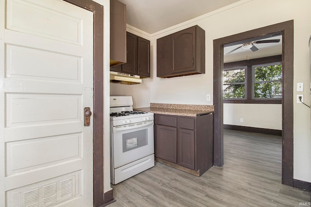 kitchen with white gas stove, dark brown cabinetry, ceiling fan, and light hardwood / wood-style floors