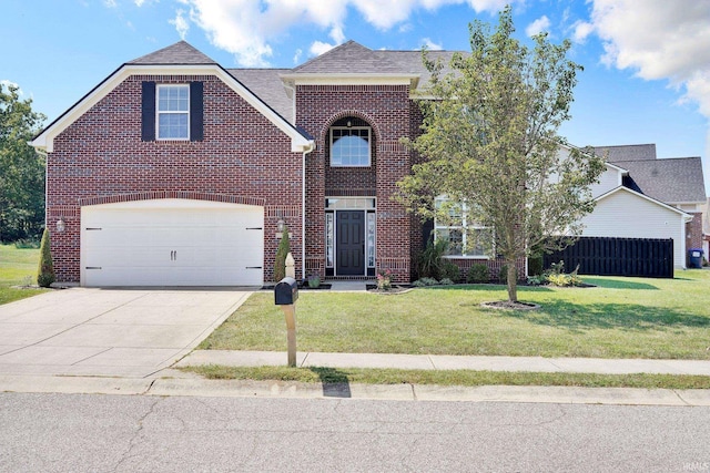 view of front property featuring a garage and a front lawn