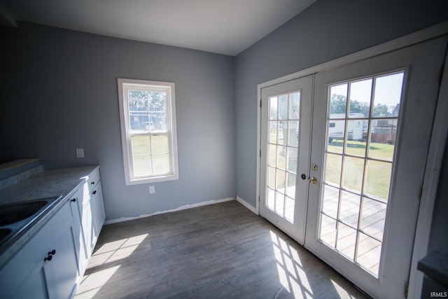 doorway featuring wood finished floors, french doors, baseboards, and a sink