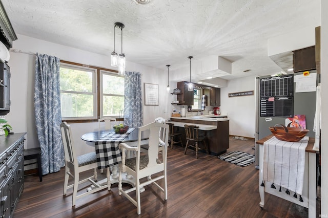 dining area with dark wood-type flooring and sink