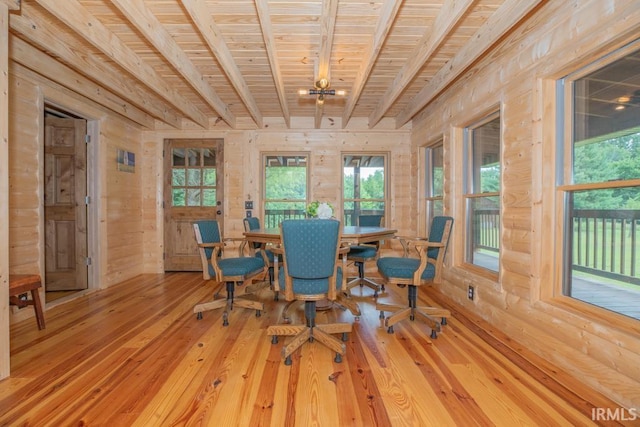 dining area with wood ceiling, beam ceiling, wood walls, and hardwood / wood-style flooring