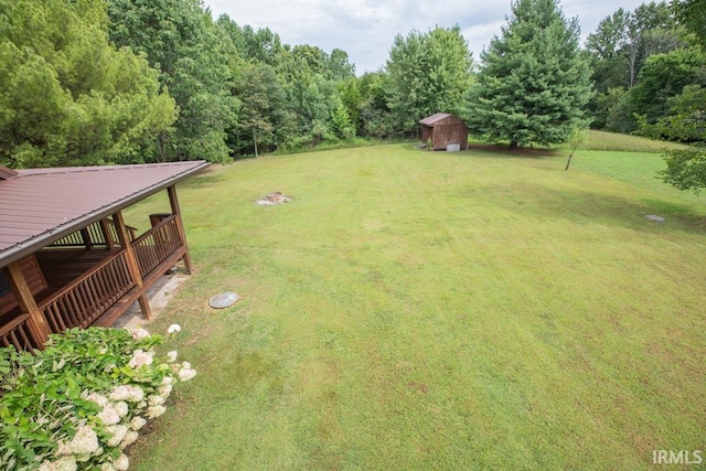 view of yard with an outdoor structure and a storage shed