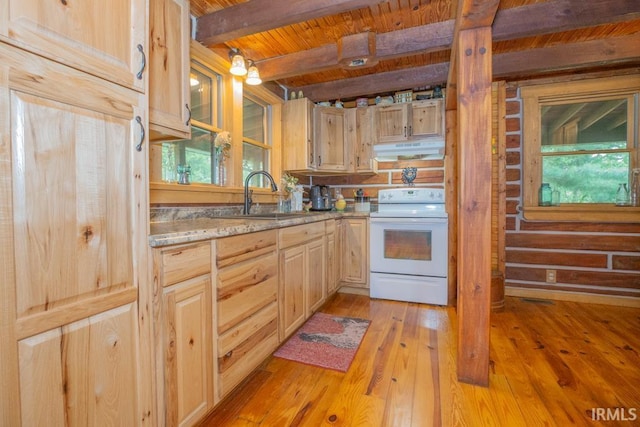 kitchen with white electric stove, light wood-style floors, a sink, beamed ceiling, and under cabinet range hood