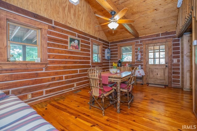 dining room featuring hardwood / wood-style floors, plenty of natural light, and wooden ceiling