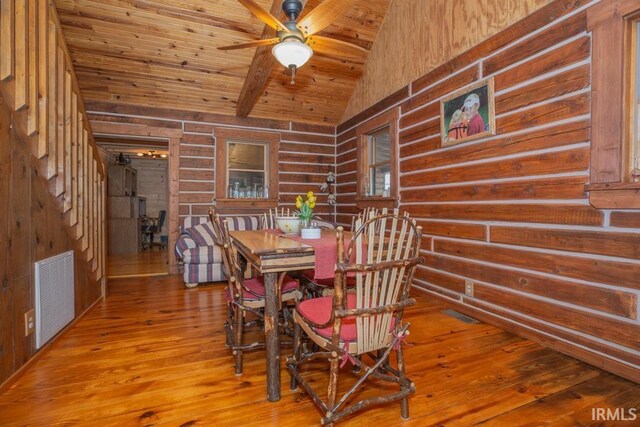 dining area featuring visible vents, lofted ceiling with beams, wood ceiling, wood walls, and hardwood / wood-style floors