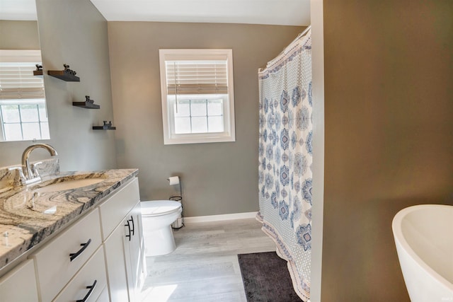 bathroom with a shower with shower curtain, vanity, toilet, and wood-type flooring