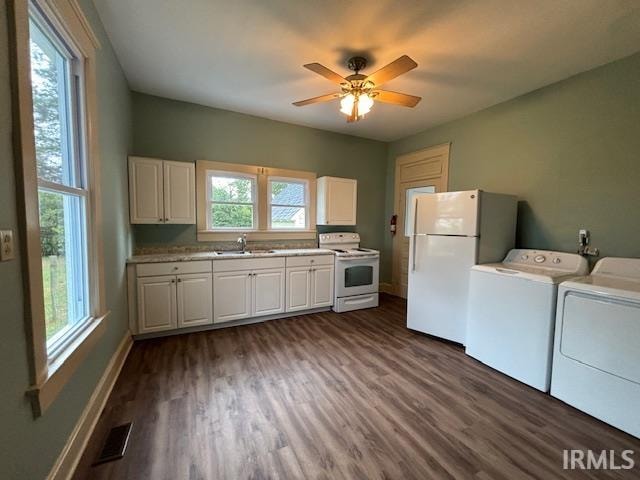 washroom featuring ceiling fan, a wealth of natural light, dark hardwood / wood-style flooring, and sink