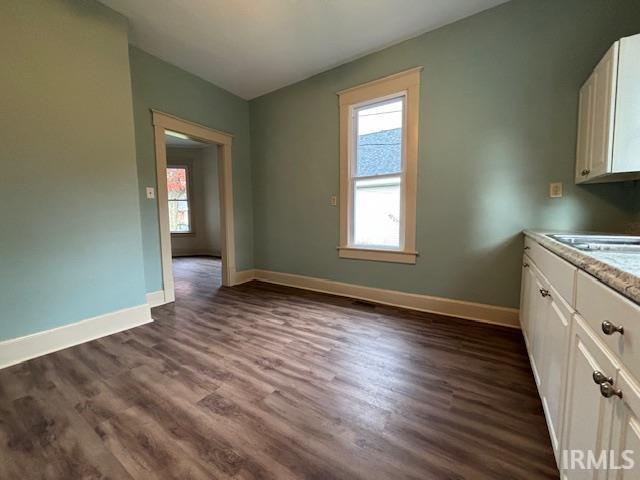 unfurnished dining area featuring dark wood-style floors, a sink, plenty of natural light, and baseboards