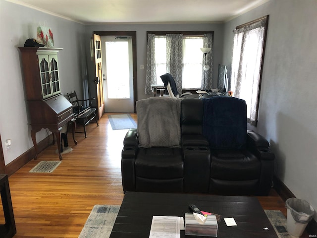 living room featuring crown molding and wood-type flooring