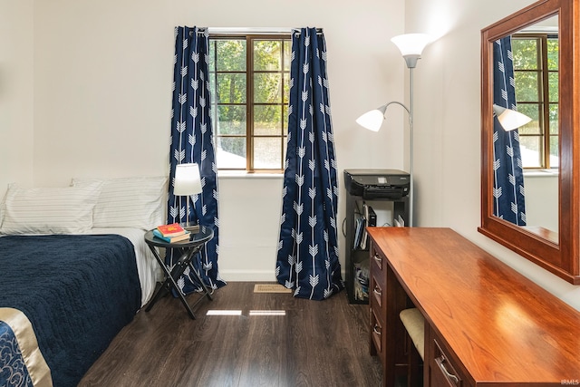 bedroom featuring dark wood-type flooring and multiple windows