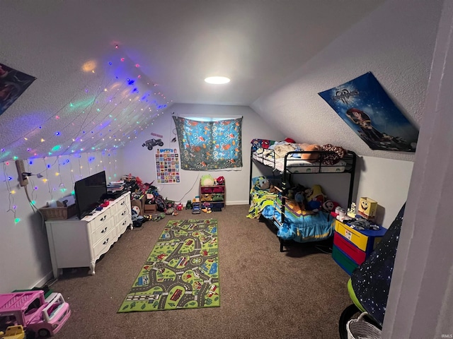 game room featuring vaulted ceiling and dark carpet