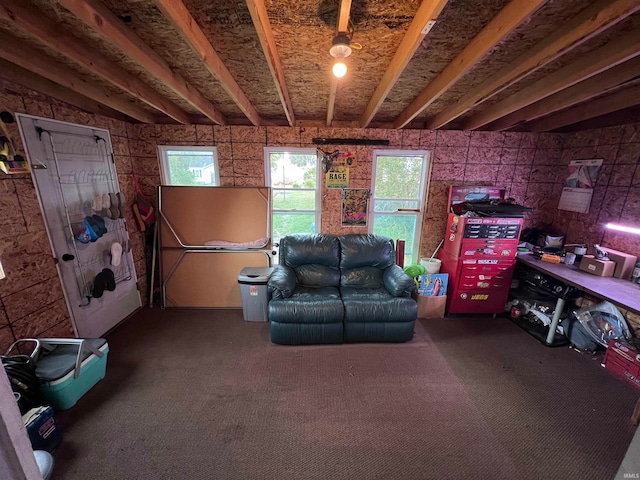 living area featuring carpet flooring