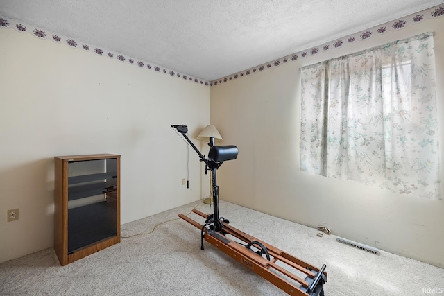 workout area featuring carpet flooring and a textured ceiling