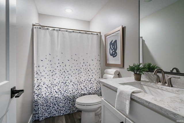 52520 E Trail Trail, South Bend, IN 46628 - bathroom with toilet, wood finished floors, vanity, and a shower with shower curtain