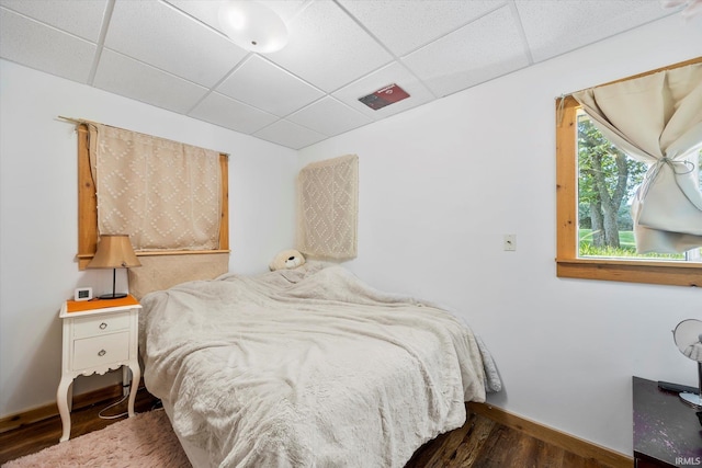 bedroom with a closet, dark hardwood / wood-style flooring, and a drop ceiling