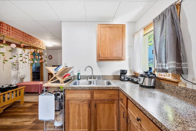 kitchen featuring a drop ceiling, a sink, and wood finished floors