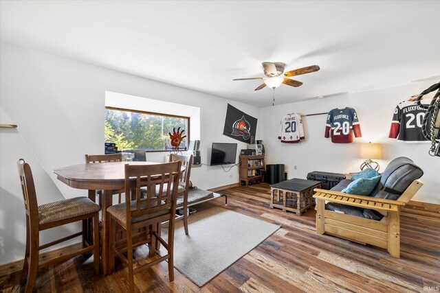 dining area featuring ceiling fan and wood finished floors