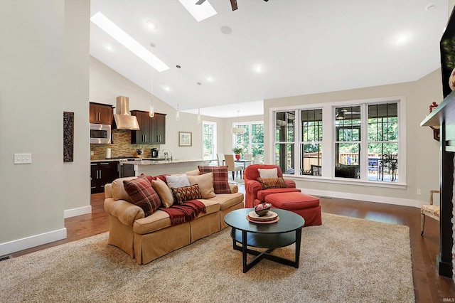 living room with a skylight, hardwood / wood-style flooring, and plenty of natural light