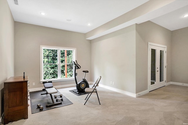 workout area featuring light carpet