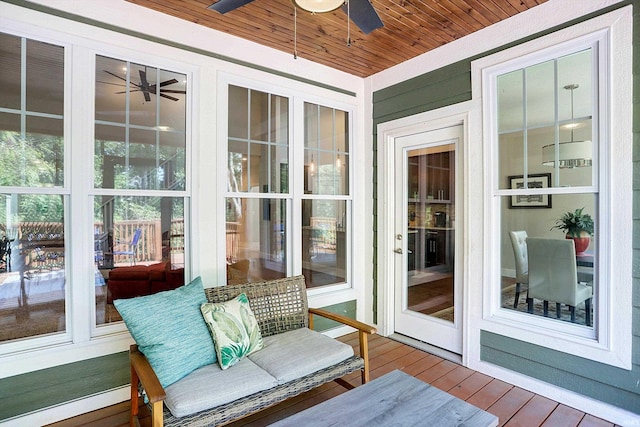 sunroom / solarium featuring ceiling fan and wooden ceiling