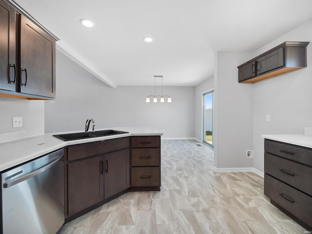 kitchen featuring light tile patterned floors, dishwasher, dark brown cabinets, and sink