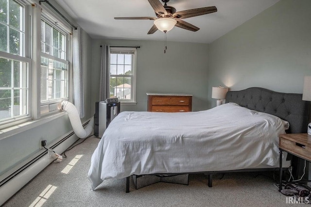 bedroom featuring ceiling fan, carpet floors, and a baseboard radiator