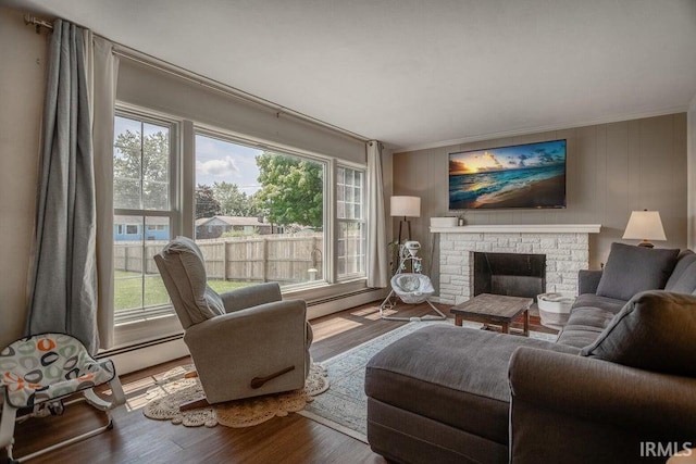 living room featuring a wealth of natural light, crown molding, a fireplace, and wood finished floors