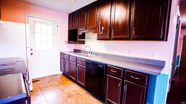 kitchen featuring black dishwasher, backsplash, sink, white refrigerator, and light tile patterned flooring