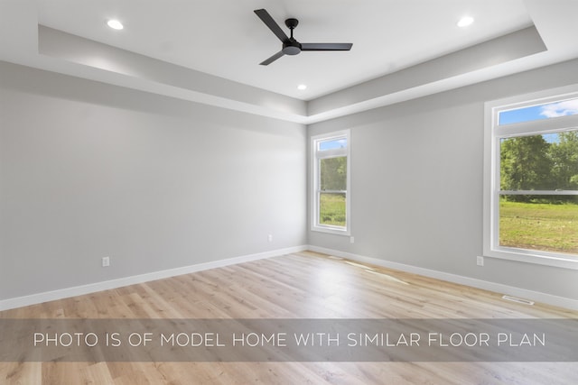 spare room featuring a tray ceiling, wood finished floors, and baseboards