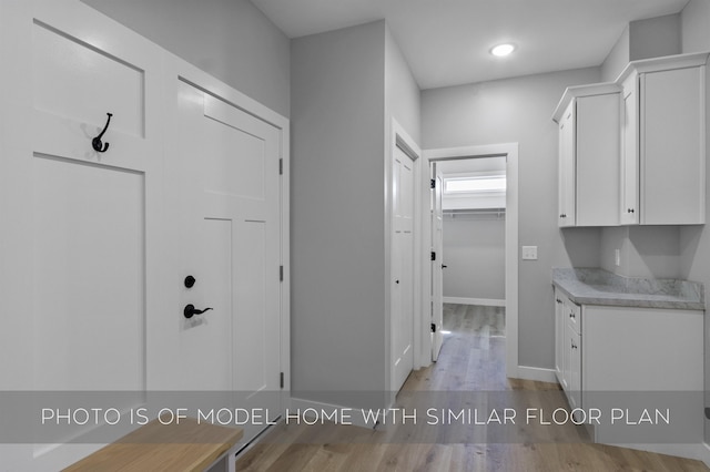 interior space with light countertops, white cabinetry, and wood finished floors