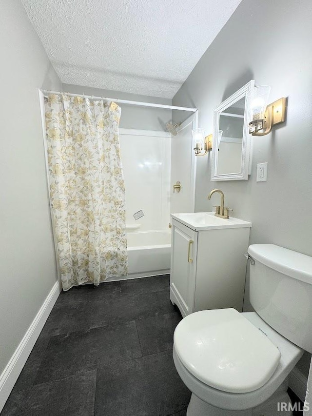 full bathroom with toilet, shower / tub combo, a textured ceiling, vanity, and baseboards