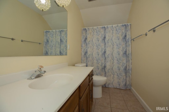 bathroom with tile patterned floors, walk in shower, toilet, lofted ceiling, and vanity