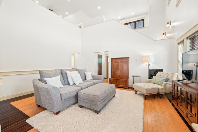 living room featuring a high ceiling and wood-type flooring