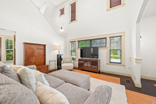 living room featuring a high ceiling and wood-type flooring